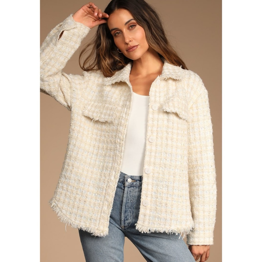 LULUS Take Notes Ivory Plaid Coastal Preppy Tweed Shacket Sz. M